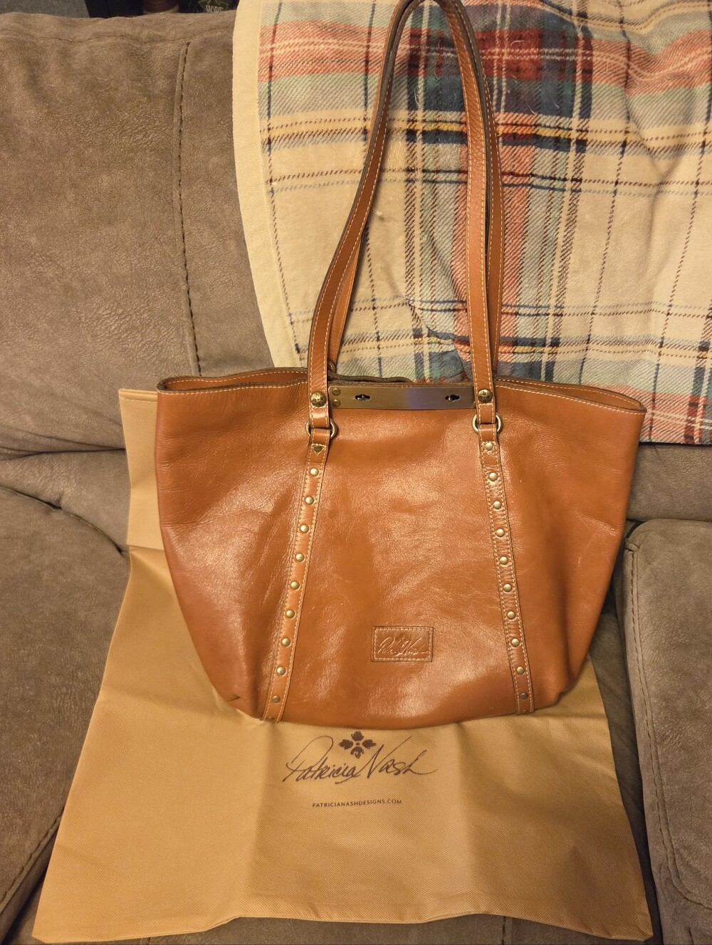 Patricia Nash Benvenuto leather tote Cognac brass stud Accents With Dust Cover